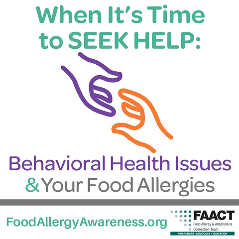 "When Itâ€™s Time to Seek Help: Behavioral Health Issues and Your Food Allergies" with hands icon