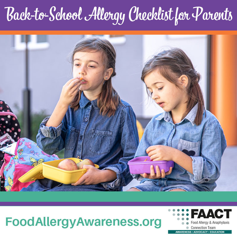 Two young girls eat their packed lunches text reads back to school allergy checklist for parents