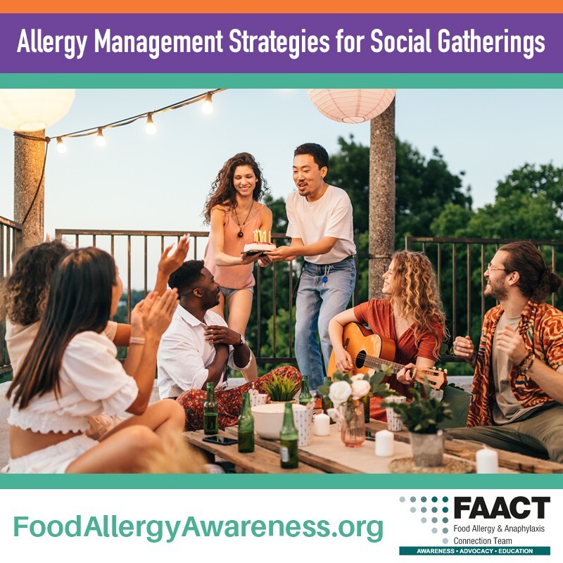 a group of people with a birthday cake text reads 5 Allergy Management Strategies for Social Gatherings